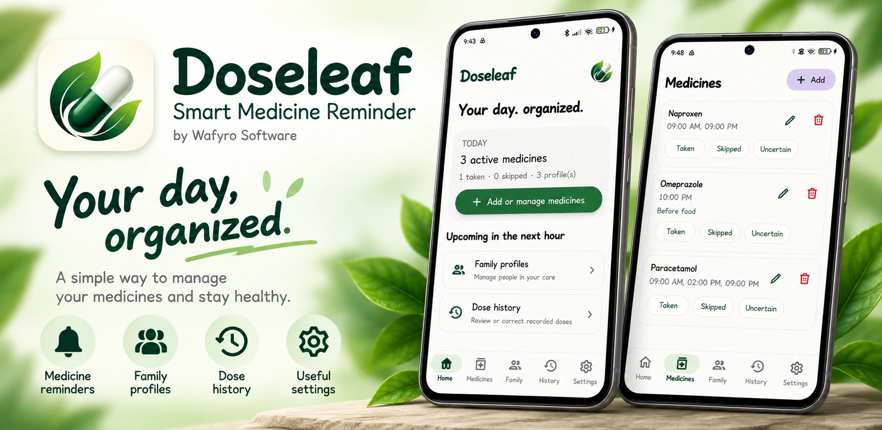 Doseleaf promotional feature image showing the app icon, medicine reminder features, and Home and Medicines screens on two phones