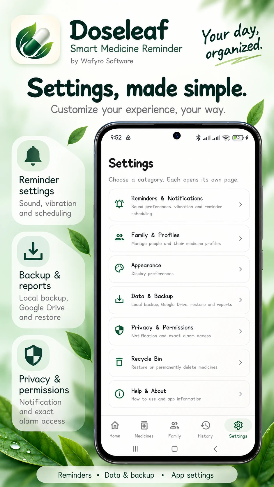 Doseleaf Settings screen